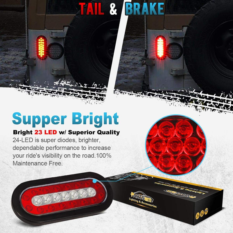  [AUSTRALIA] - Partsam 2Pcs 6.3" inch Oval Truck Trailer Led Tail Stop Brake Lights Taillights Running Red and White Backup Reverse Lights, Sealed 6.3 inch Oval led Trailer Tail Lights w reflectors Flush Mount