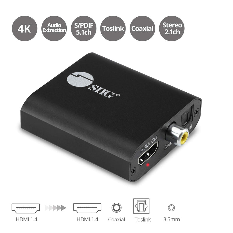  [AUSTRALIA] - SIIG 4K HDMI Audio Extractor, 4K30Hz, HDCP 1.4, Audio Extract to Optical Toslink/Coaxial/ 3.5mm Simultaneously, Supports Digital 5.1/ PCM 2 Channel Audio (CE-H26Q11-S1)