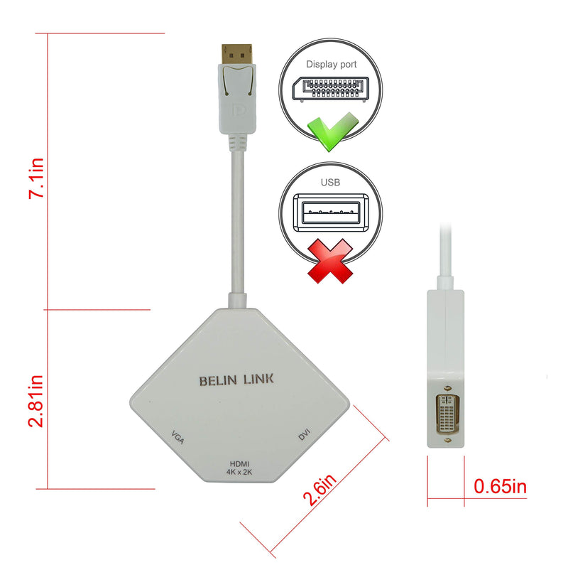  [AUSTRALIA] - DP to HDMI VGA DVI Adapter Displayport to HDMI 4K Adapter 3 in 1 Display Port to HDMI VGA DVI Converter Male to Female Gold-Plated Diamond Shaped (White)