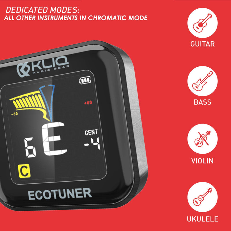 KLIQ EcoTuner - USB Rechargeable Clip-On Tuner (with included charging cable) - with Guitar, Ukulele, Violin, Bass & Chromatic Tuning Modes (also for Mandolin and Banjo) - LeoForward Australia