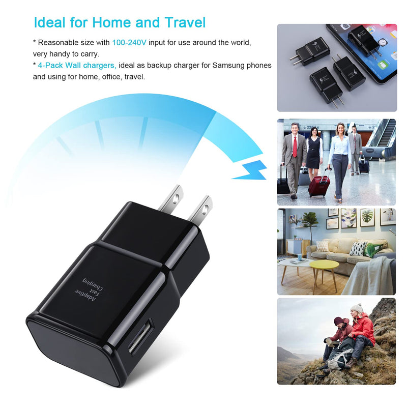  [AUSTRALIA] - Adaptive Fast Charging USB Wall Charger, Qihop 4-Pack Fast Charging Block Travel USB Charger Adapter Compatible Samsung Galaxy S21 S20 S10 S9 S8 S7 Edge Plus, Note 8 9 10+, A13 A32 A52 A53 iPhone Black Black