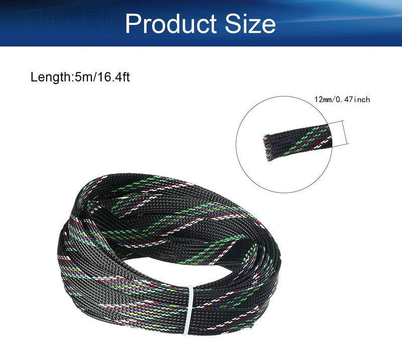  [AUSTRALIA] - 16.4Ft PET Braided Cable Sleeve, Width 12mm Expandable Braided Sleeve for Sleeving Protect and Beautify The Industrial, Electric Wire Electric Cable Multicolor Bettomshin 1Pcs 16.4 Ft (12mm Width)