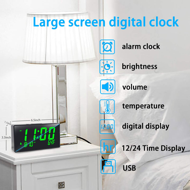 BOCTOP Desk Digital Alarm Clock, Large Numbers Green 6" LED Display, with USB Port for Charging, 0-100% Brightness Dimmer, Temperature, Snooze , Adjustable Alarm Volume，Small Bedside Clocks. Green Digit - LeoForward Australia