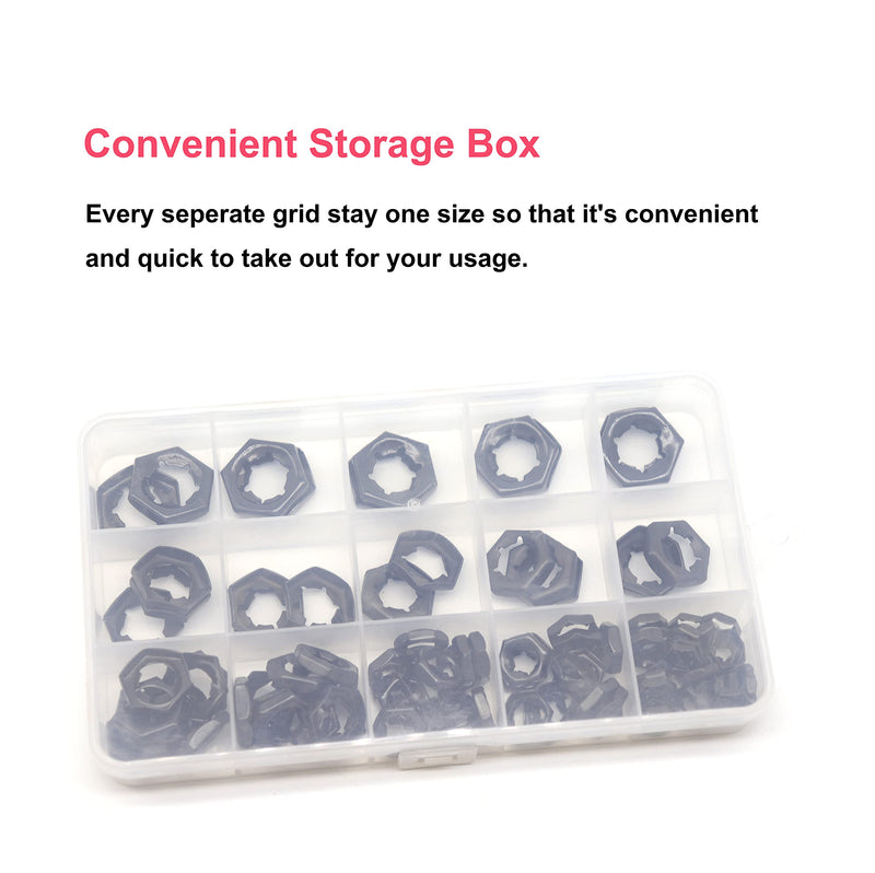  [AUSTRALIA] - Pushnuts Kit, cSeao 105pcs Black Push On Lock Nuts Assortment Kit, M6/ M8/ M10/ M12/ M14 M6/ M8/ M10/ M12/ M14 Black Reverse 105pcs