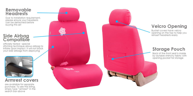 FH Group Seat Cover Flower Embroidery Airbag Compatible Pink Flower Front Set Front Bucket Set - LeoForward Australia