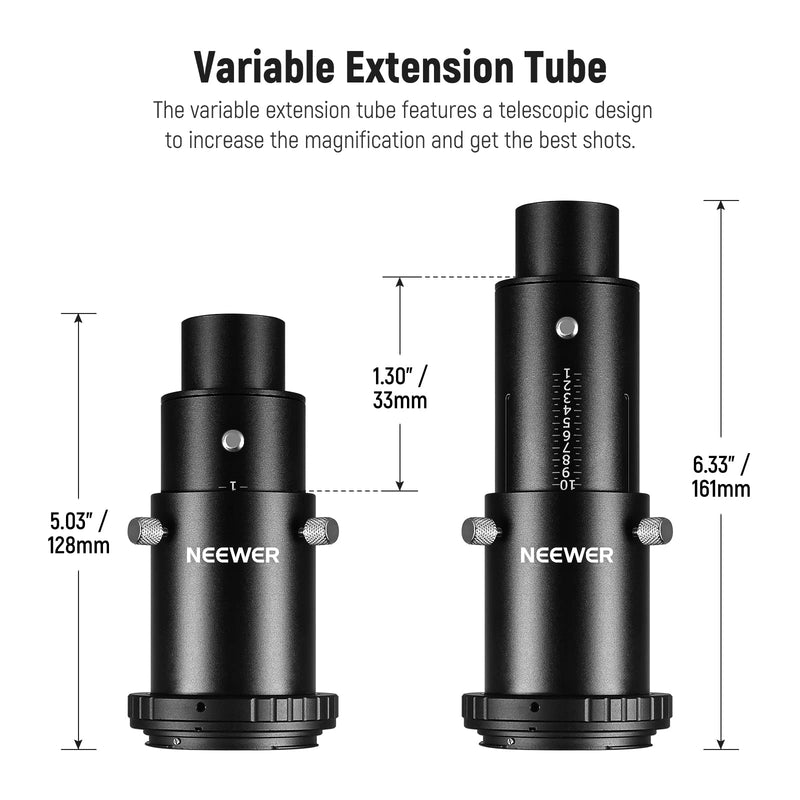  [AUSTRALIA] - NEEWER 1.25” Variable Telescope Camera Adapter & 1.25" Extension Tube Kit, Compatible with Canon DSLR Cameras & Telescope Eyepiece for Prime Focus and Eyepiece Projection Astrophotography