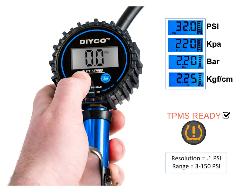 DIYCO D3.4 Blue Tire Pressure Gauge and Tire Inflator Air Tool | 7-PCS Air Chuck Accessories Kit | Digital Elite Series - LeoForward Australia