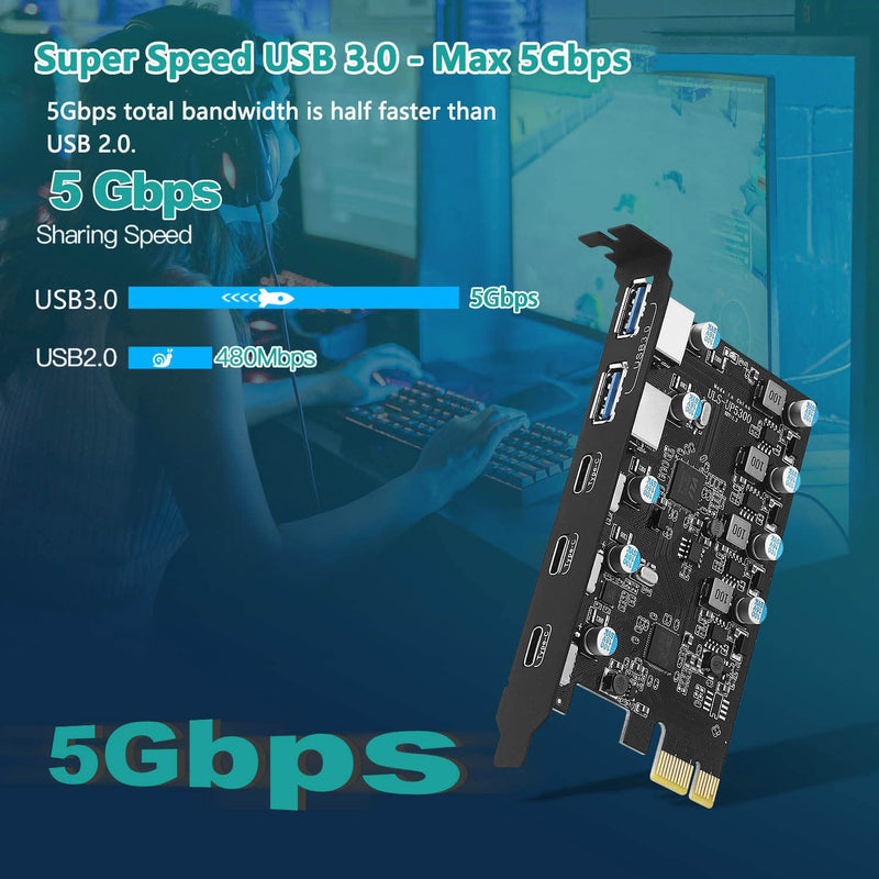  [AUSTRALIA] - YEELIYA PCIe Expansion Card to 5-Port (3X USB C,2X USB 3.0-A ) PCI Express Expansion Card PC Internal USB 3.0 Port Cards for Windows 10/8/7 and MAC OS 10.8.2 Above