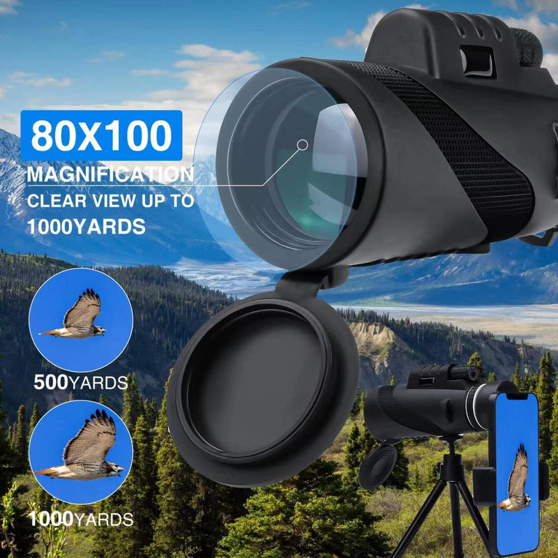  [AUSTRALIA] - 80x100 High Power Monocular Telescope, AMESEDAK Compact & Portable High Definition Monocular for Adults with Low Night Vision, High Powered Telescope with Smartphone Adapter