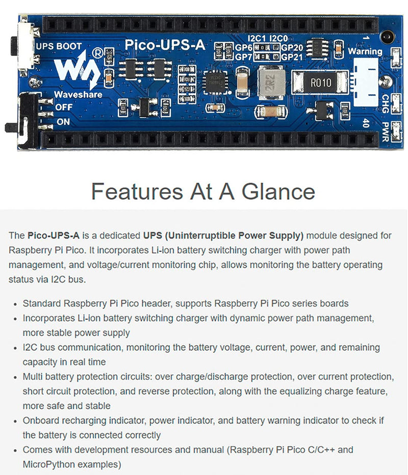 Uninterruptible Power Supply (UPS Module) for Raspberry Pi Pico, Keep Pico Running While Recharging, Monitor Battery Status via I2C,Onboard Multi Battery Protection Circuits UPS Module for Pico - LeoForward Australia