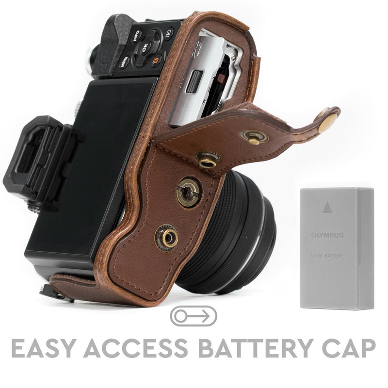  [AUSTRALIA] - MegaGear Ever Ready Leather Camera Case Compatible with Olympus OM-D E-M10 Mark II, E-M10 (14-42mm) Dark Brown