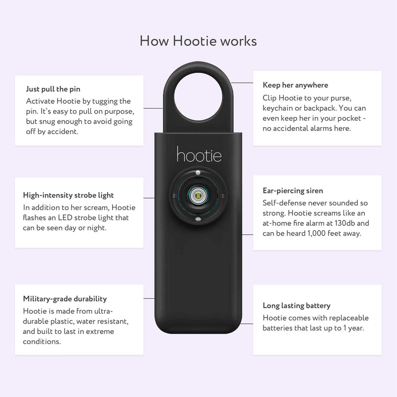 Hootie Personal Keychain Alarm for Women, Men, and Kids Protection - Hand Held Safety Siren for Self Defense and Emergency, Loud Pocket and Key-Chain-Safe Sound Device with Panic Strobe Light, Black - LeoForward Australia
