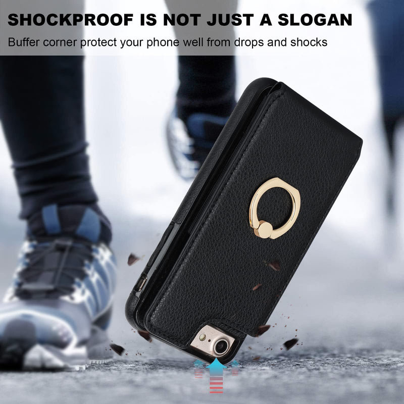  [AUSTRALIA] - Folosu for iPhone SE(2022) iPhone SE(2020) iPhone 7/8 Wallet Case with Card Holder, 360°Rotation Ring Holder Kickstand Protective RFID Blocking PU Leather Flip Shockproof Cover 4.7 Inch Black