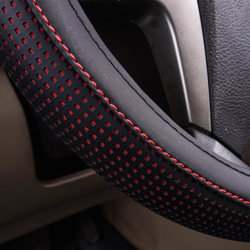  [AUSTRALIA] - CAR PASS Double Layers Cool Universal Leather Steering Wheel Cover with Perforated Breathable Design,Fit for Cars,Suvs,Sedans,Trucks (Red) Red