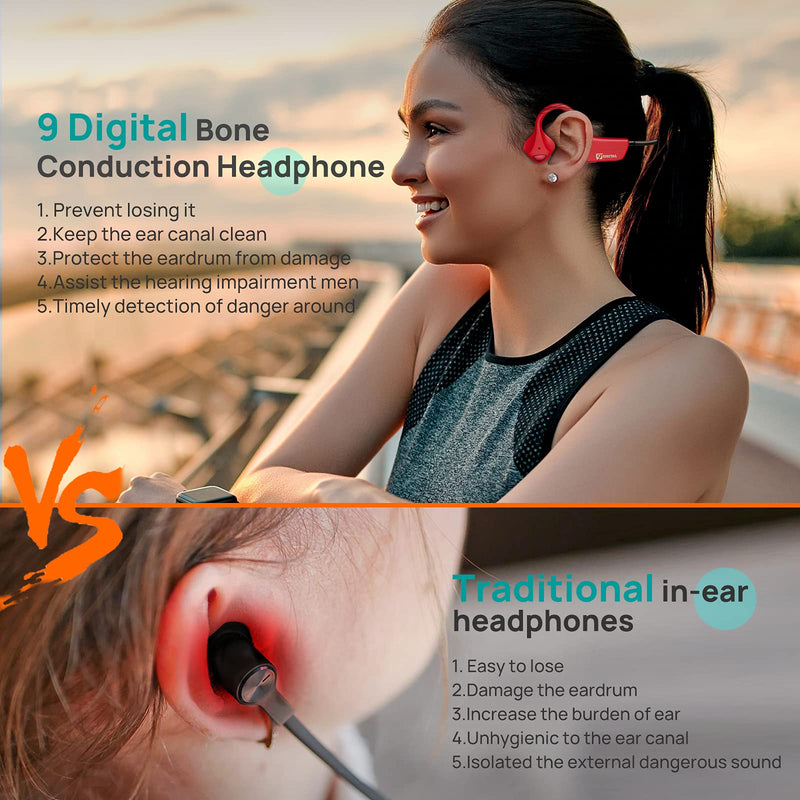  [AUSTRALIA] - Bone Conduction Headphones with Noise Reduction Tech, 9 Digital N1 Open Ear Headphones with MIC, Jawbone Headphones Bluetooth 5.0 Sport Headset Sweatproof for Running, Bicycling, Hiking, Yoga -Red Red