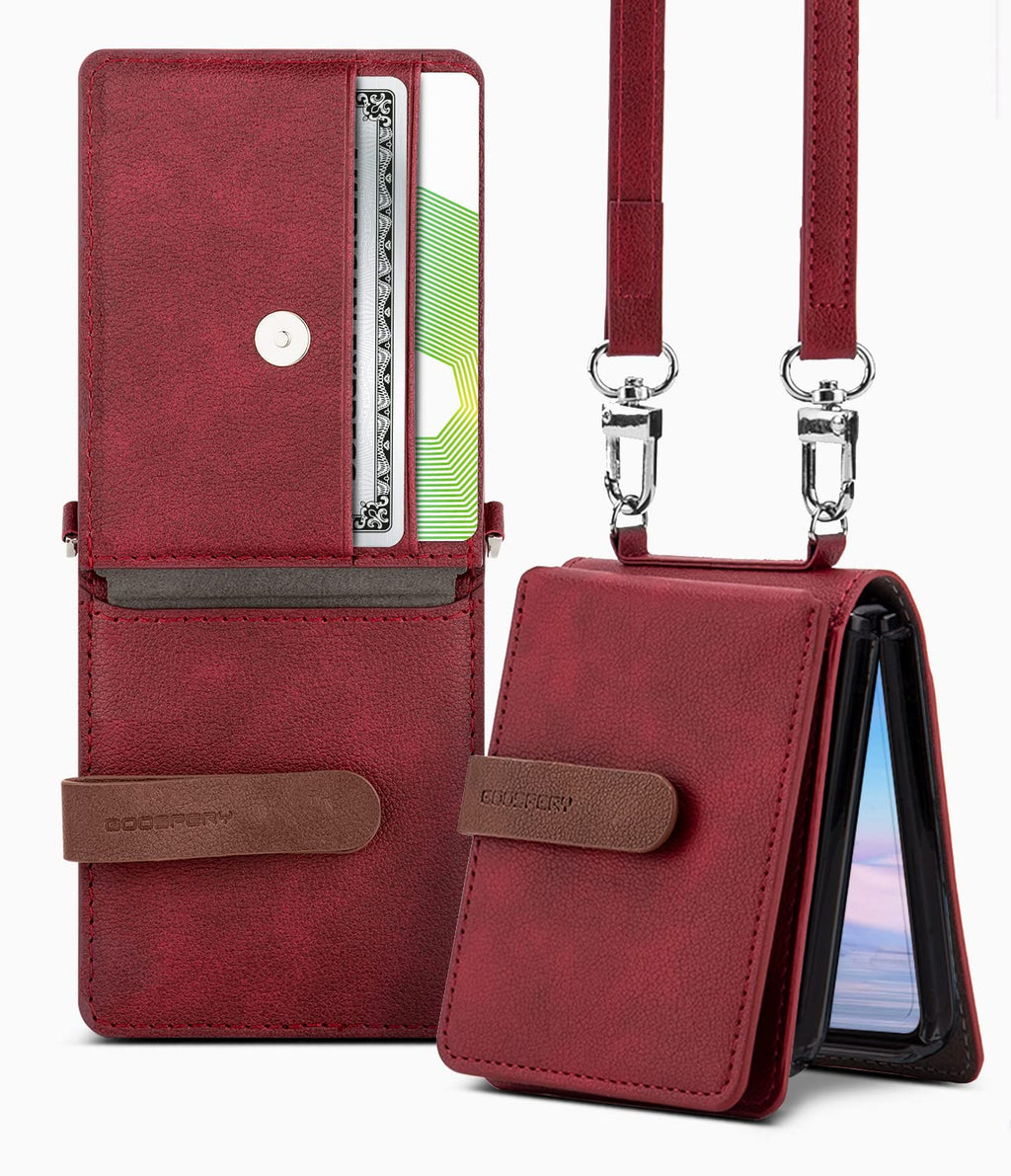  [AUSTRALIA] - Goospery Wallet Case Compatible with Galaxy Z Flip 4 Case, Detachable Card Holder 2 Card Pocket Storage Premium PU Leather Adjustable Cross-Body Strap Attached Earbud Cord Organizer, Burgandy Burgundy