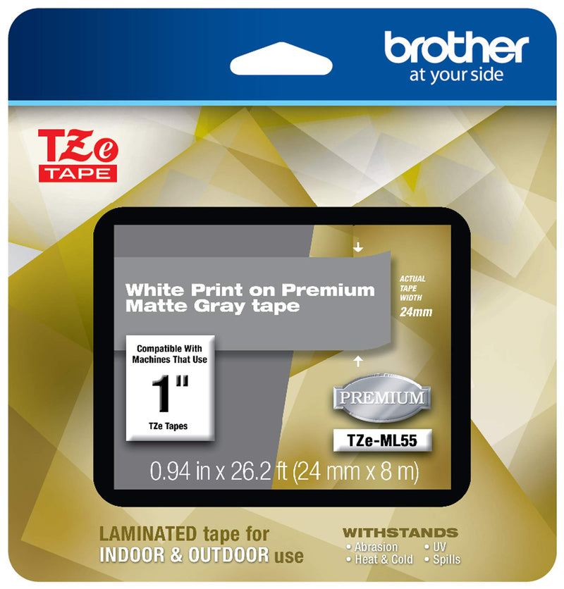  [AUSTRALIA] - Brother P-touch TZe-ML55 White Print on Premium Matte Gray Laminated Tape 24mm (0.94”) wide x 8m (26.2’) long