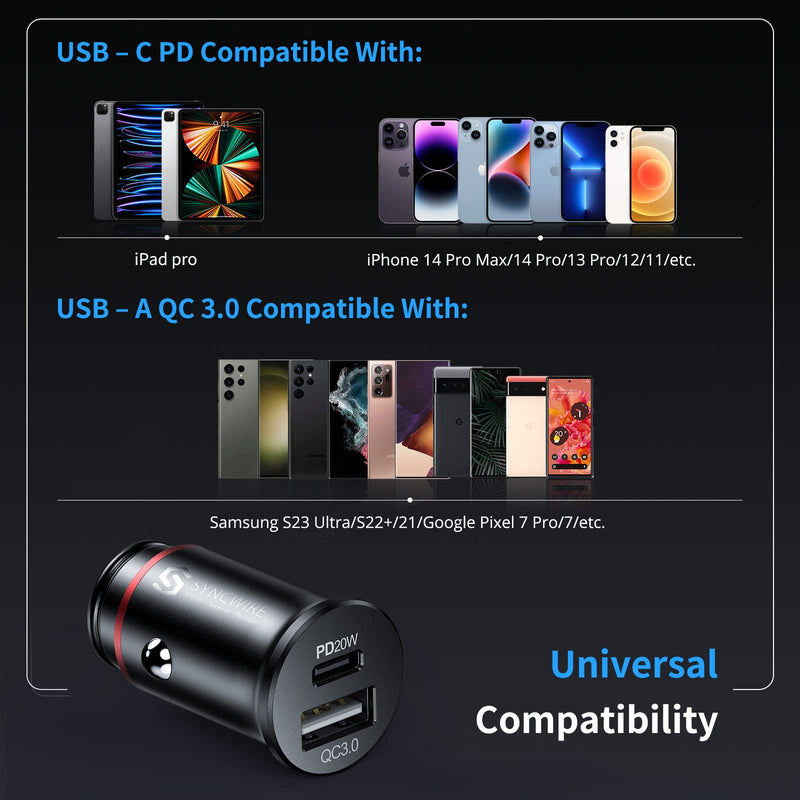  [AUSTRALIA] - Syncwire USB C Car Charger 38W Fast USB Car Charger PD&QC 3.0 Dual Port [Super Mini & All Metal] Car Adapter Cigarette Lighter Compatible with iPhone 14/13/12/12 Pro/12 Pro Max, Samsung S23 and More PD+QC 3.0