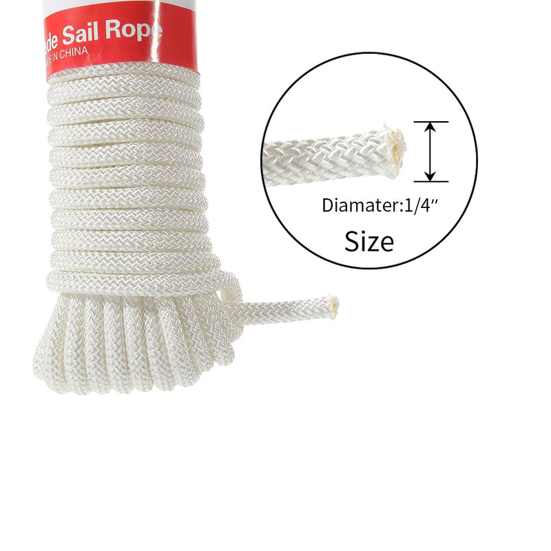  [AUSTRALIA] - diig Sun Shade Sail Rope, Outdoor 50 Feet Diamond Solid Straps Braid Polyester Line - 1/4”UV Resistant All Purpose Tie-Down Ropes for Garden, Patio, Camping, Sailing & Flag Flying (White) 50Ft-1/4