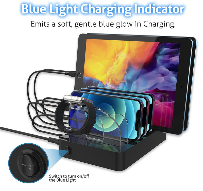  [AUSTRALIA] - SooPii Quick Charge 3.0 60W/12A 6-Port USB Charging Station for Multiple Devices, 8 Short Charging Cables Included, I Watch Charger Holder,for Phones, Tablets, and Other Electronics Black
