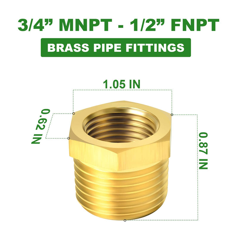  [AUSTRALIA] - TAISHER 2PCS Brass Reducer Hex Bushing Threaded Pipe Fitting 3/4" NPT Male x 1/2" NPT Female Adapter 3/4" MNPT x 1/2" FNPT 2