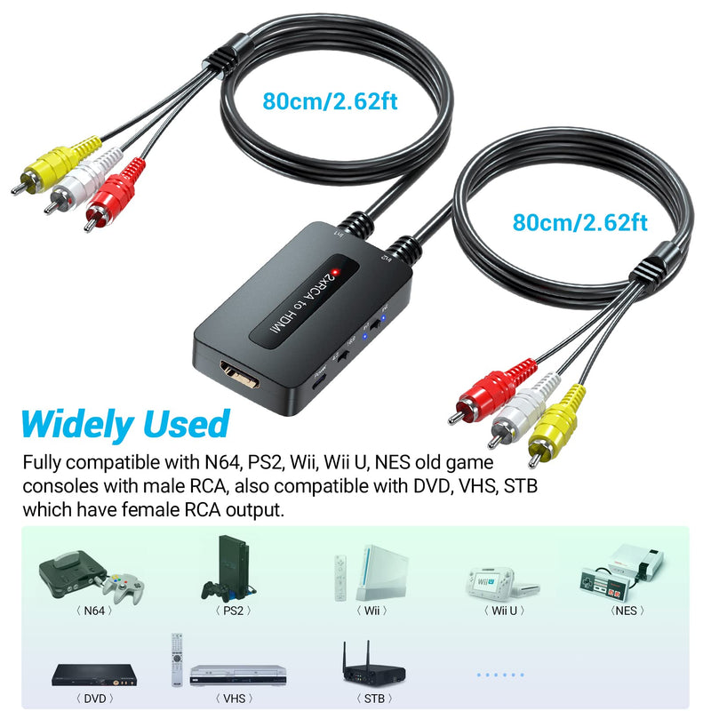  [AUSTRALIA] - 2 x RCA to HDMI Converter, Dual Port AV to HDMI, Double RCA Composite to HDMI Converter, Two RCA in One HDMI Out Converter for N64/Wii/PS2/DVD/VHS to Display On Newer TVs with HDMI