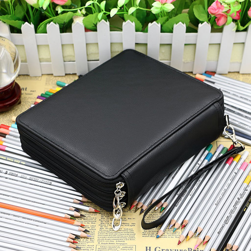 BTSKY Deluxe PU Leather Pencil Case For Colored Pencils - 120 Slot Pencil Holder with Handle Strap Handy Colored Pencil Box Large(Black) Black - LeoForward Australia