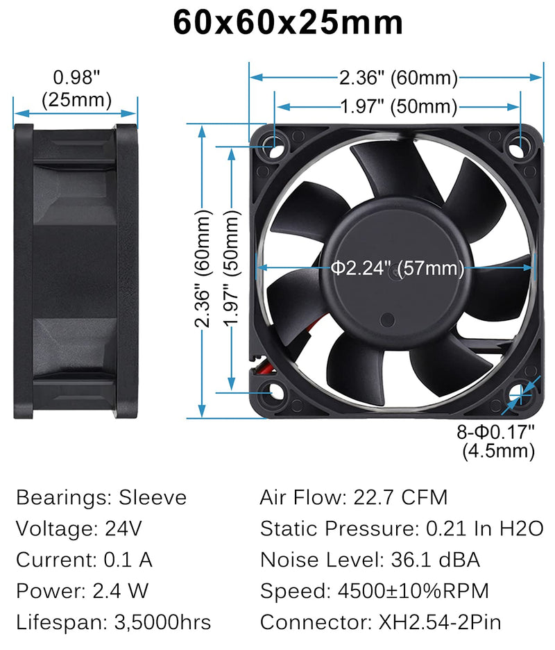  [AUSTRALIA] - GDSTIME 60mm x 60mm x 25mm 6cm 2 Wire Dc 24v Brushless Cooling Fan