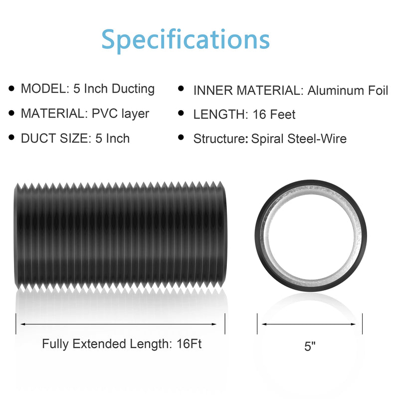  [AUSTRALIA] - Hon&Guan 5 inch Air Duct - 16 FT Long, Black Flexible Ducting HVAC Ventilation Air Hose for Grow Tents, Dryer Rooms,Kitchen 5 x 16 FT