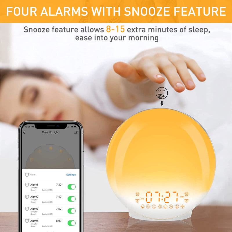 [AUSTRALIA] - Sunrise Alarm Clock, Smart Wake Up Light Work with Alexa, 4 Alarms with FM Radio, 7 Nature Sounds & Snooze, 7 Colors Night Light, Sleep Aid Digital Alarm Clock for Heavy Sleepers Adults Kids