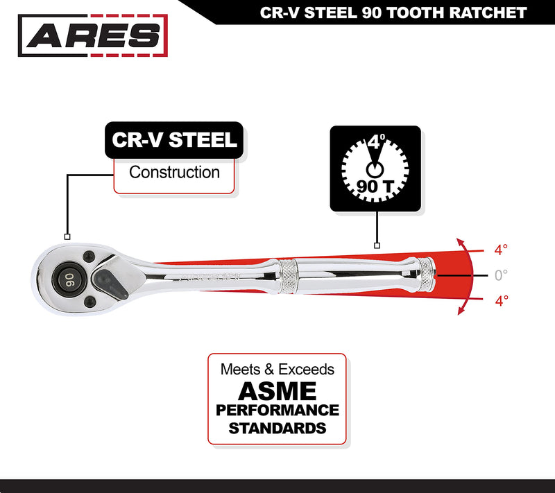  [AUSTRALIA] - ARES 42046-3/8-Inch Drive 90-Tooth Ratchet - Premium Chrome Vanadium Steel Construction & Mirror Polish Finish - Quick Release for Easy Socket Change - 90-Tooth Reversible Design with 4 Degree Swing 3/8-Inch Drive