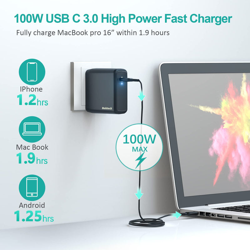  [AUSTRALIA] - Nekteck 100W USB C Charger [GaN Tech & USB-IF Certified], PD 3.0 Adapter with Foldable Plug, Fast Wall Charger, Compatible with MacBook Air/Pro, iPad Air/Pro, iPhone and More (Not Support MagSafe 3)