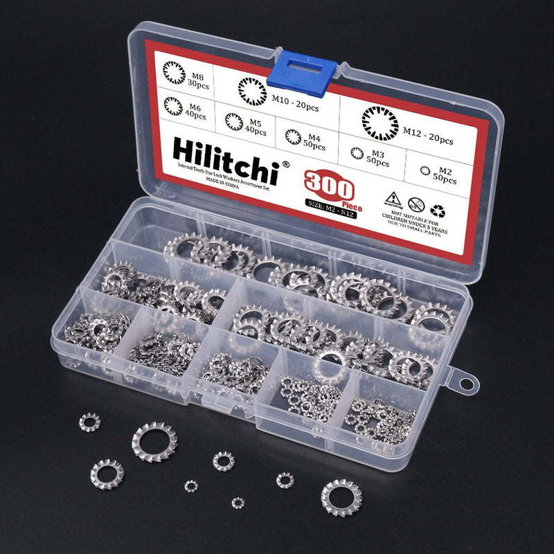  [AUSTRALIA] - Hilitchi 300-Pcs 304 Stainless Steel External Tooth Star Lock Washers Assortment Kit - Included: M2.5 M3 M4 M5 M6 M8 M10 M12