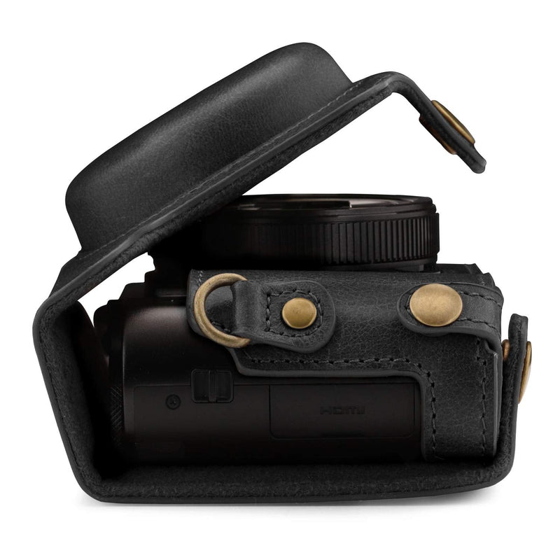  [AUSTRALIA] - MegaGear Ever Ready Genuine Leather Camera Case Compatible with Panasonic Lumix DMC-ZS100, DC-ZS200 Black