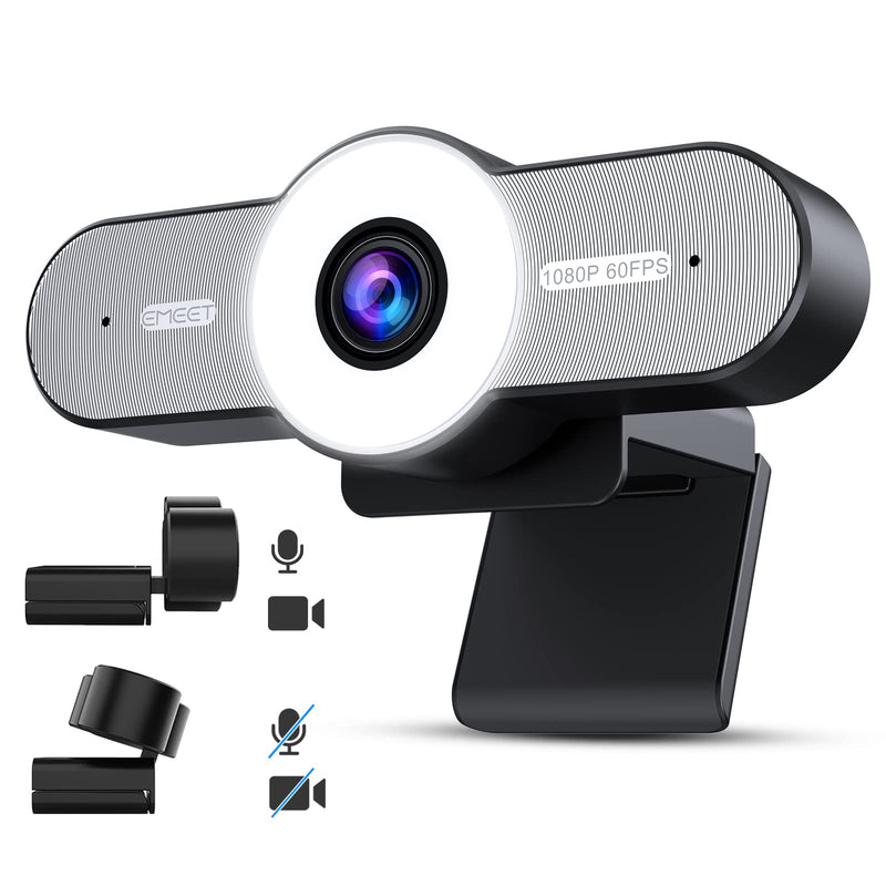  [AUSTRALIA] - 1080P 60FPS Webcam with Ring Light - EMEET C970L HD Webcam w/2 Noise-Reduction Mics,75°FOV USB Computer Camera with Privacy Mode,Autofocus Streaming Camera for Video Calls Conference/Zoom/Skype, Grey