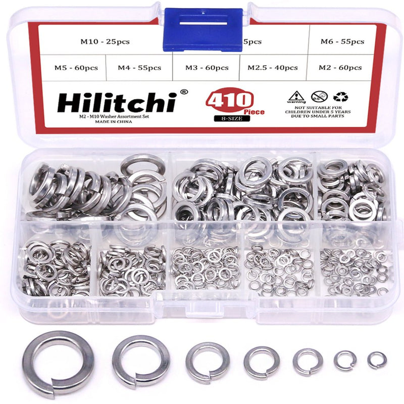  [AUSTRALIA] - Hilitchi 410-Pcs [8-Size] 304 Stainless Steel Spring Lock Washer Assortment Set - Size Included: M2 M2.5 M3 M4 M5 M6 M8 M10 silver