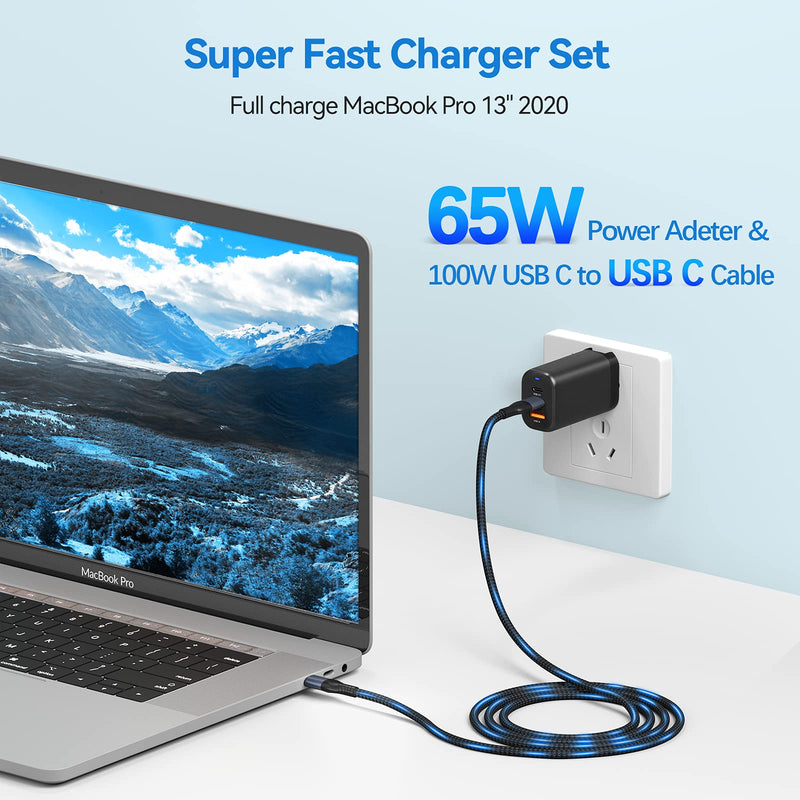  [AUSTRALIA] - USB C Wall Charger, Deegotech 65W 3-Port PD 3.0 GaN Fast Charger with 6.6ft USB C to USB C Cable, Foldable Power Adapter for MacBook Pro/Air iPad Pro Samsung Galaxy S21 S20