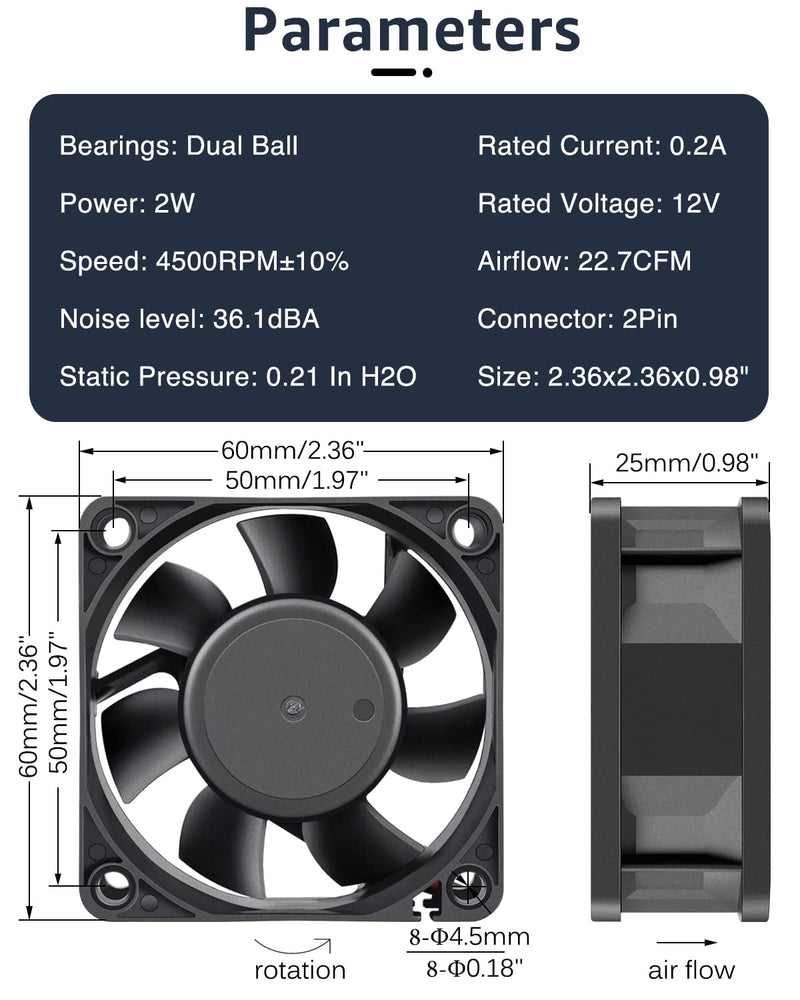  [AUSTRALIA] - GDSTIME 2 Pack 60mm x 60mm x 25mm 12V Dual Ball Bearings DC Brushless Cooling Fan