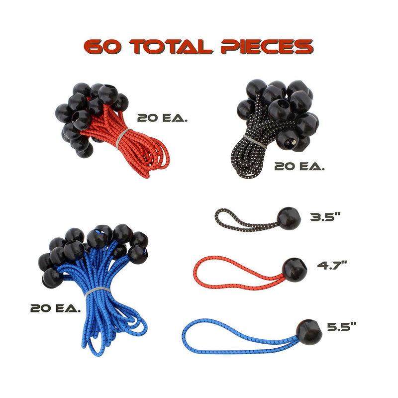  [AUSTRALIA] - ABN Bungee Ball Fastener, Elastic Ties Tarp Ball Bungee Cords, Canopy Bungee Cord Balls - 5.5, 4.7, 3.5 Inch 60-Pack