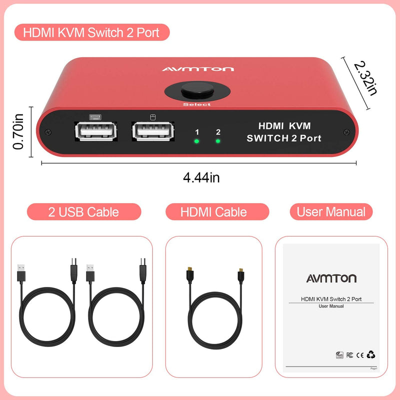  [AUSTRALIA] - KVM Switch HDMI 2 Port 4K,AVMTON KVM HDMI Switches Box 2 in 1 Out,for 2PC Share 1 Monitor and One Keyboard Mouse,KVM Switch Displayport,Support 4K@30Hz 3D 1080P and Hotkey Switch Red