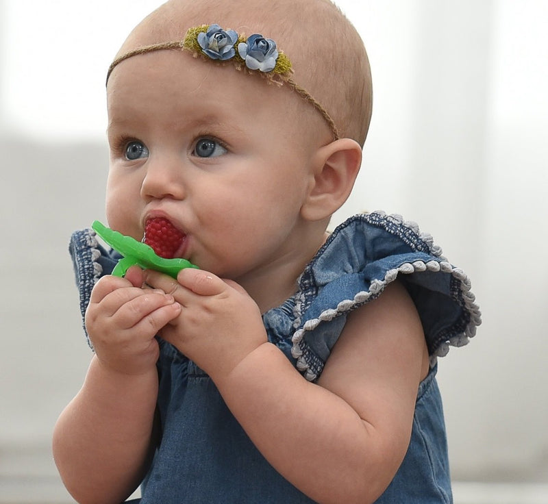 RaZbaby RaZberry Silicone Baby Teether Toy - Berrybumps Soothe Babies Sore Gums - Infant Teething Toy - Hands Free Design - BPA Free - Easy-to-Hold Design - Teething Relief Pacifier - Fruit Shape/Red Red - LeoForward Australia