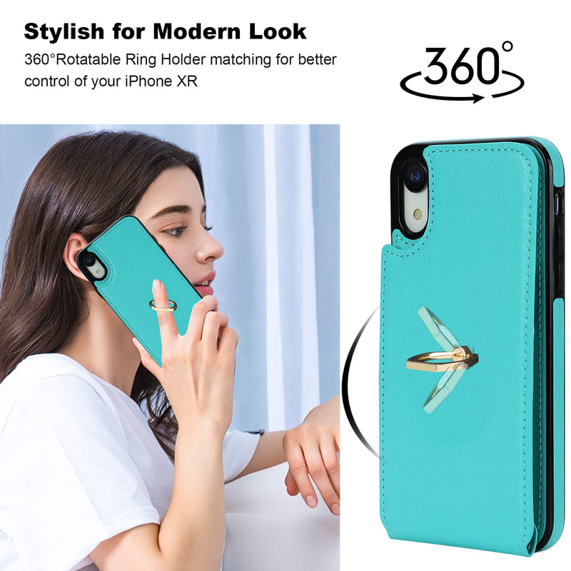  [AUSTRALIA] - Folosu Compatible with iPhone XR Case Wallet with Card Holder, 360°Rotation Finger Ring Holder Kickstand Protective RFID Blocking PU Leather Double Buttons Flip Shockproof Cover 6.1 Inch Mint Green