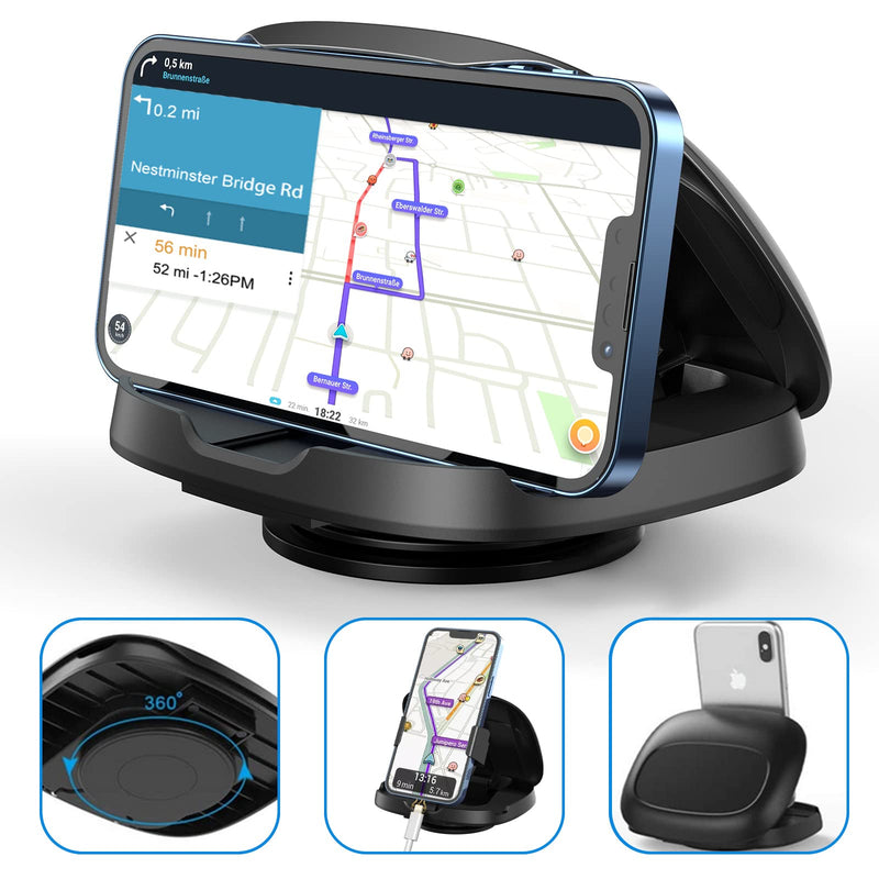 [AUSTRALIA] - Cell Phone Holder for Car, Upgraded 360° Rotatable Phone Mount for Dashboard, Horizontal & Vertical Viewing Friendly Phone Car Mount, Compatible with iPhone Samsung Android Smartphones GPS Devices Black