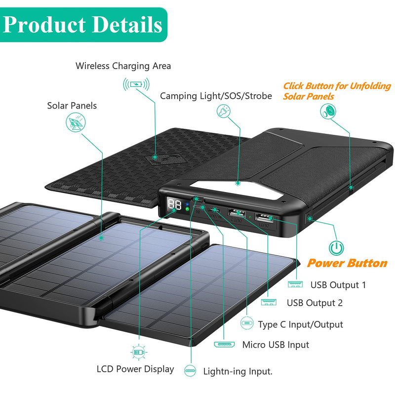  [AUSTRALIA] - Solar Power Bank, Portable Wireless Charger Foldable Solar Panel Charger Type C External Battery 5V/3A Dual USB with Camping/Flashing Light, Four Outputs Compatible with iOS & Android (Black) Black