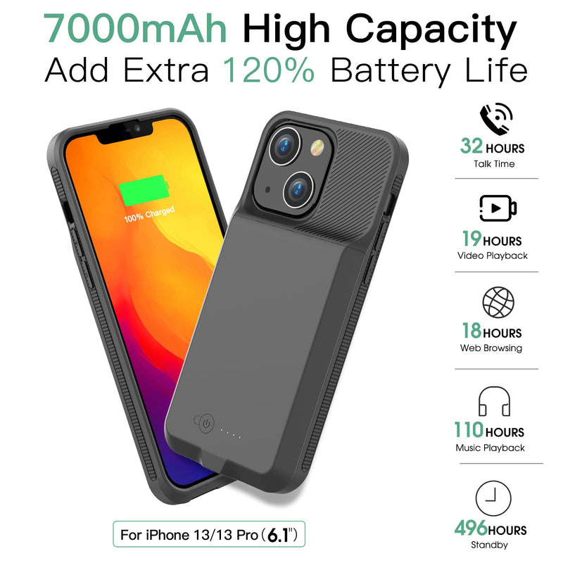  [AUSTRALIA] - GIN FOXI Battery Case for iPhone 13&13Pro, Real 7000mAh Ultra-Slim Battery Charging Case Rechargeable Anti-Fall Protection Extended Charger Cover for iPhone 13&13Pro Battery Case(6.1 inch) Black