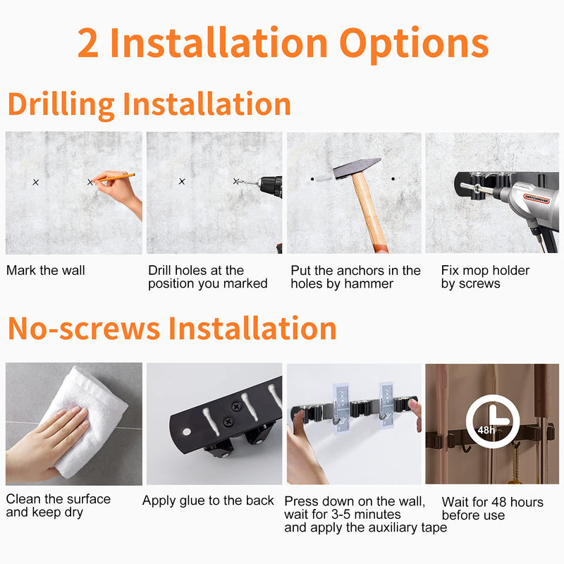  [AUSTRALIA] - Huryfox Broom and Mop Holder Wall Mounted Adjustable Garage Organizer with Utility Hooks Garden Tool Hanger Heavy-Duty Stainless-Steel Racks Cleaning Supplies for Kitchen/Laundry/Pantry/Bathroom Black