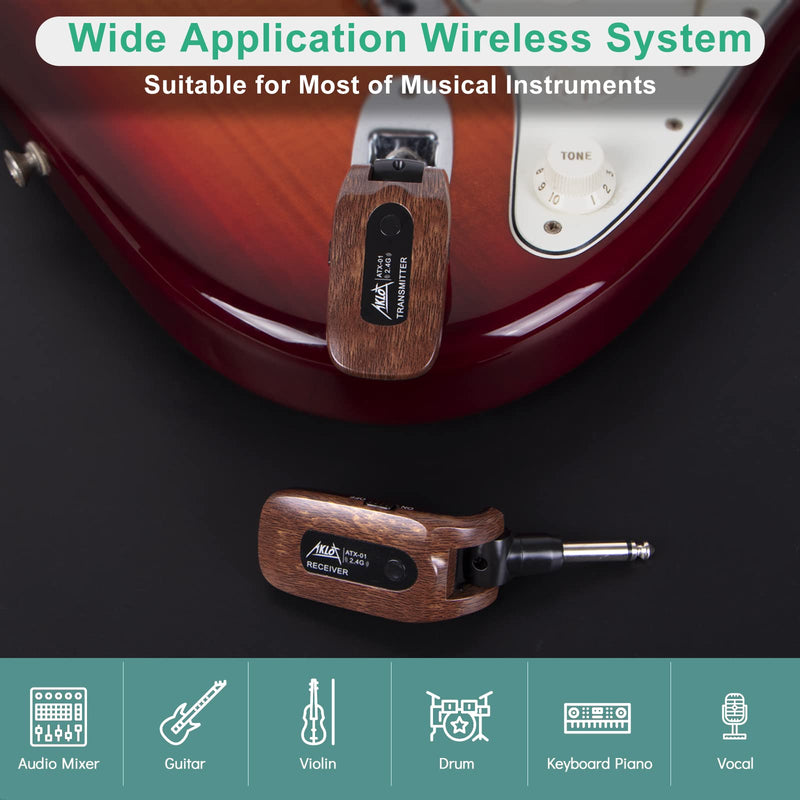  [AUSTRALIA] - AKLOT Wireless Guitar System Transmitter Receiver Set 2.4GHz Built-in Rechargeable Lithium Battery Digital for Electric Guitar Bass