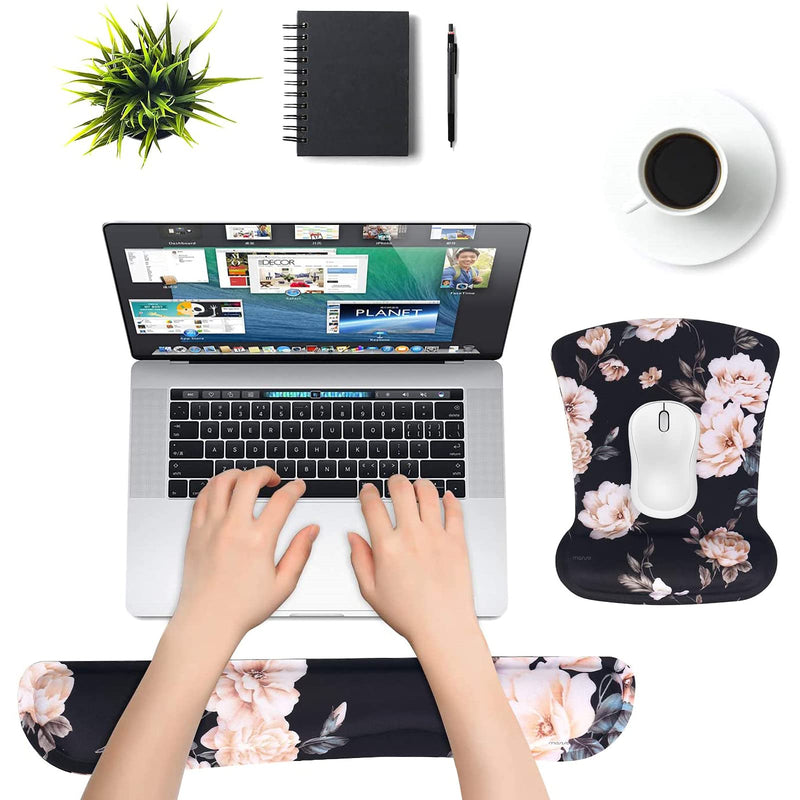 MOSISO Wrist Rest Support for Mouse Pad & Keyboard Set, Camellia Ergonomic Mousepad Non-Slip Base Home/Office Pain Relief & Easy Typing Cushion with Neoprene Cloth&Raised Memory Foam, Black - LeoForward Australia