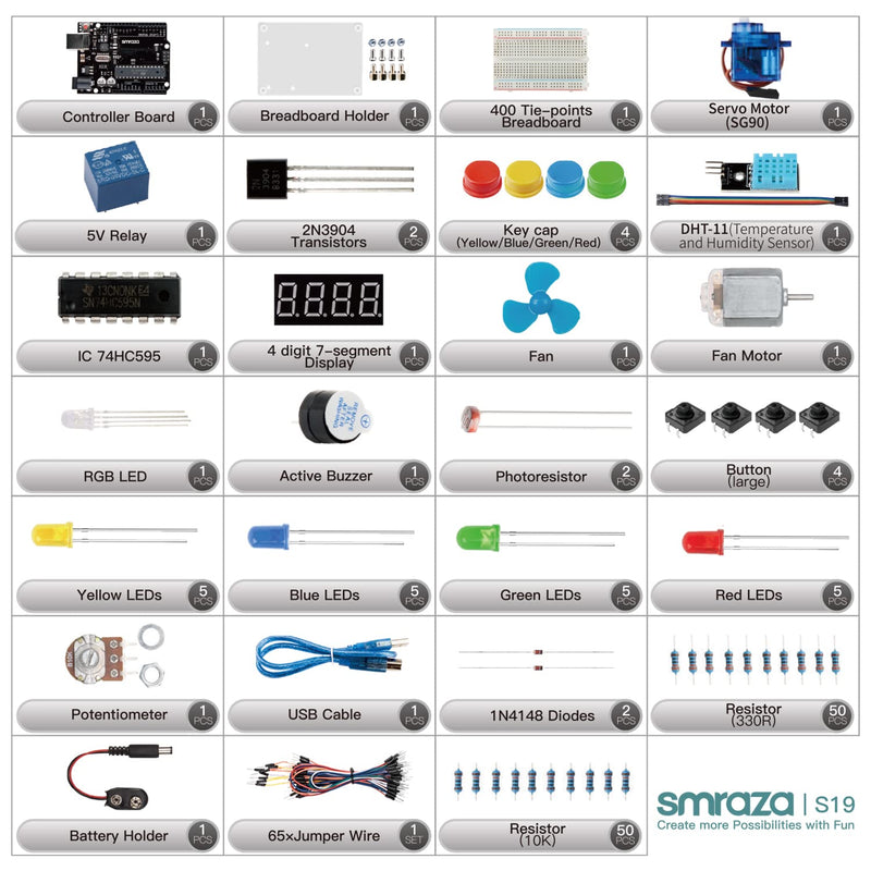  [AUSTRALIA] - Smraza Ultimate Starter Kit with Tutorial, Breadboard Holder, Jumper Wires, Resistors, DC Motor Compatible with Arduino R3 Project Mega 2560 Nano