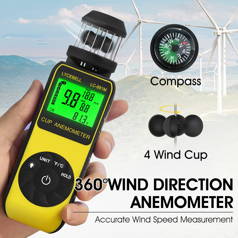  [AUSTRALIA] - Anemometer Handheld LC-881M Portable Anemometer Wind Speed Meter Measures Wind Speed/Temperature with Compass, 360° Wind Direction Wind Cup Anemometer